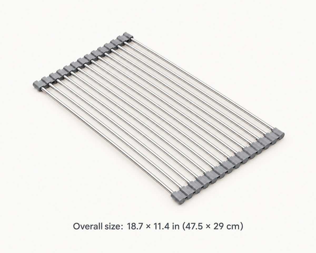 Roll-up dish drying rack unrolled flat with its overall size: 18.7 × 11.4 in (47.5 × 29 cm)