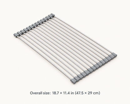 Roll-up dish drying rack unrolled flat with its overall size: 18.7 × 11.4 in (47.5 × 29 cm)