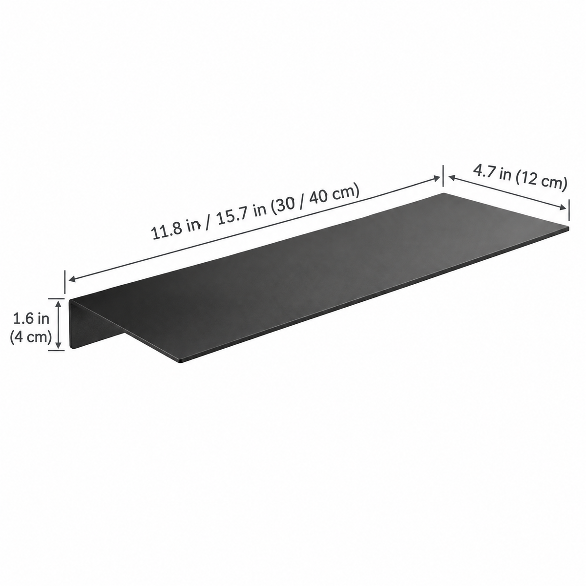 Floating shelf dimensions: 11.8 or 15.7 in wide, 4.7 in deep, 1.6 in back height