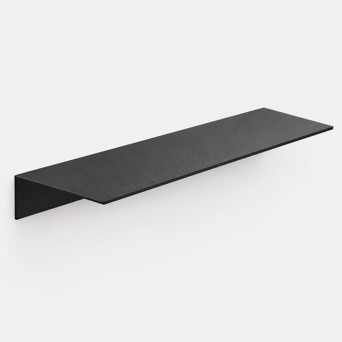Matte black aluminum floating shelf on a light grey background