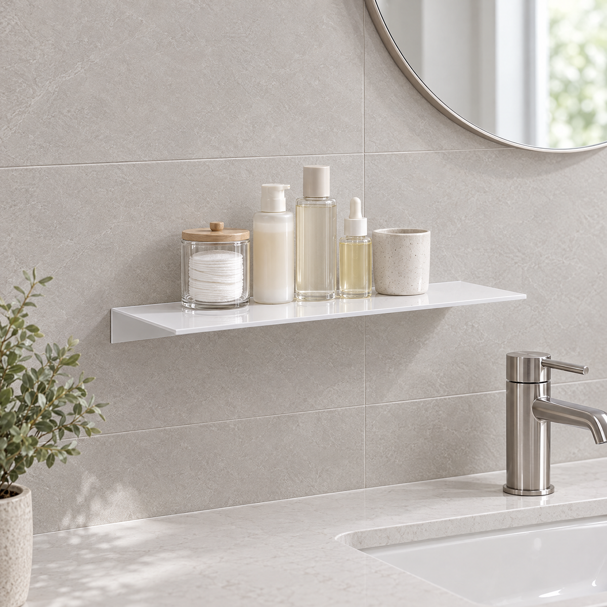 White floating shelf beside a round mirror above a bathroom vanity holding skincare bottles and a jar of cotton pads