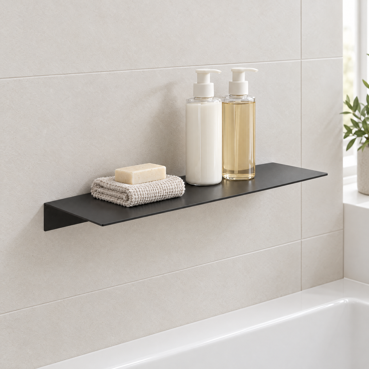 Matte black floating shelf above a bathtub holding pump bottles, a washcloth and a bar of soap