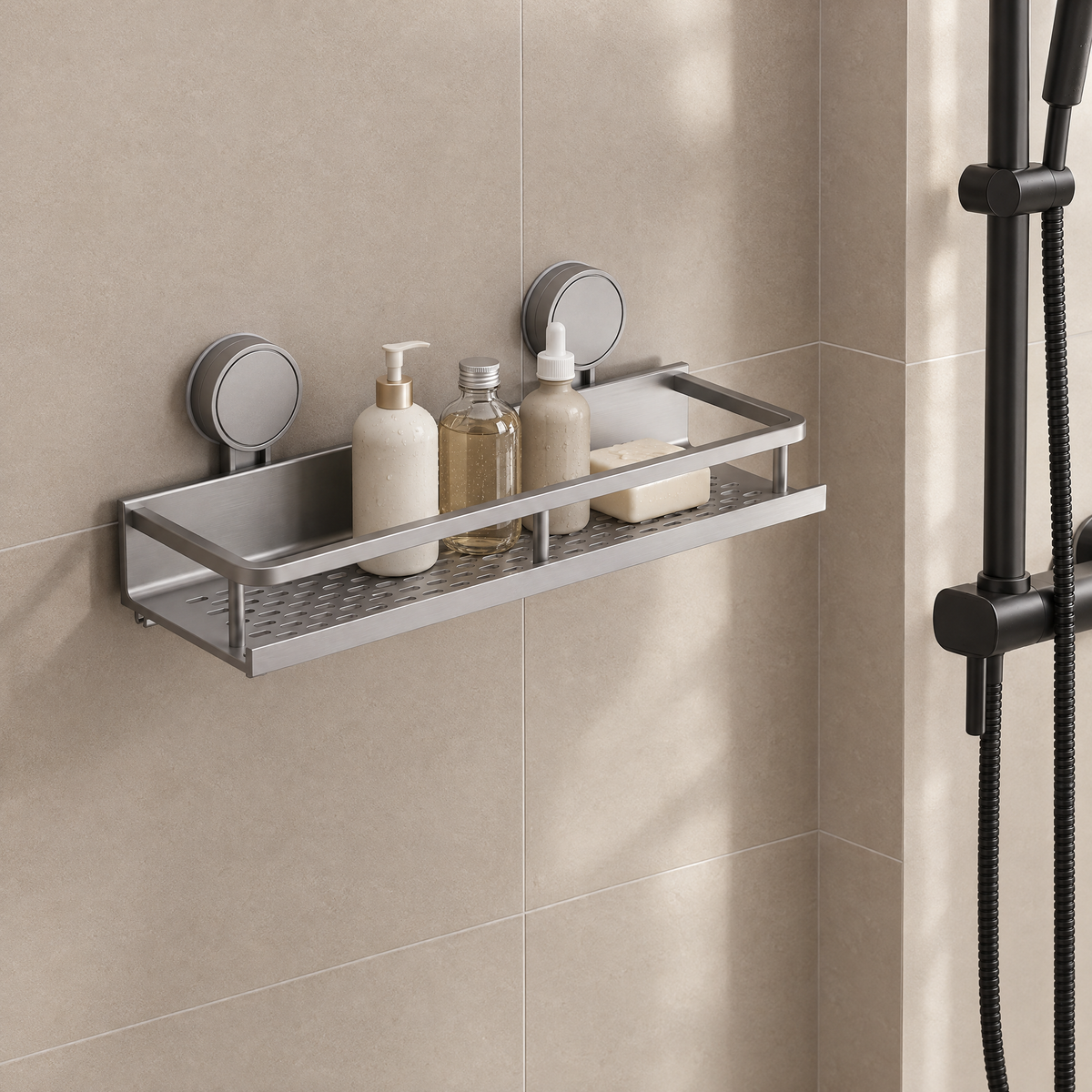 Gray suction cup shelf on beige shower tile next to a black shower riser holding bottles and a bar of soap