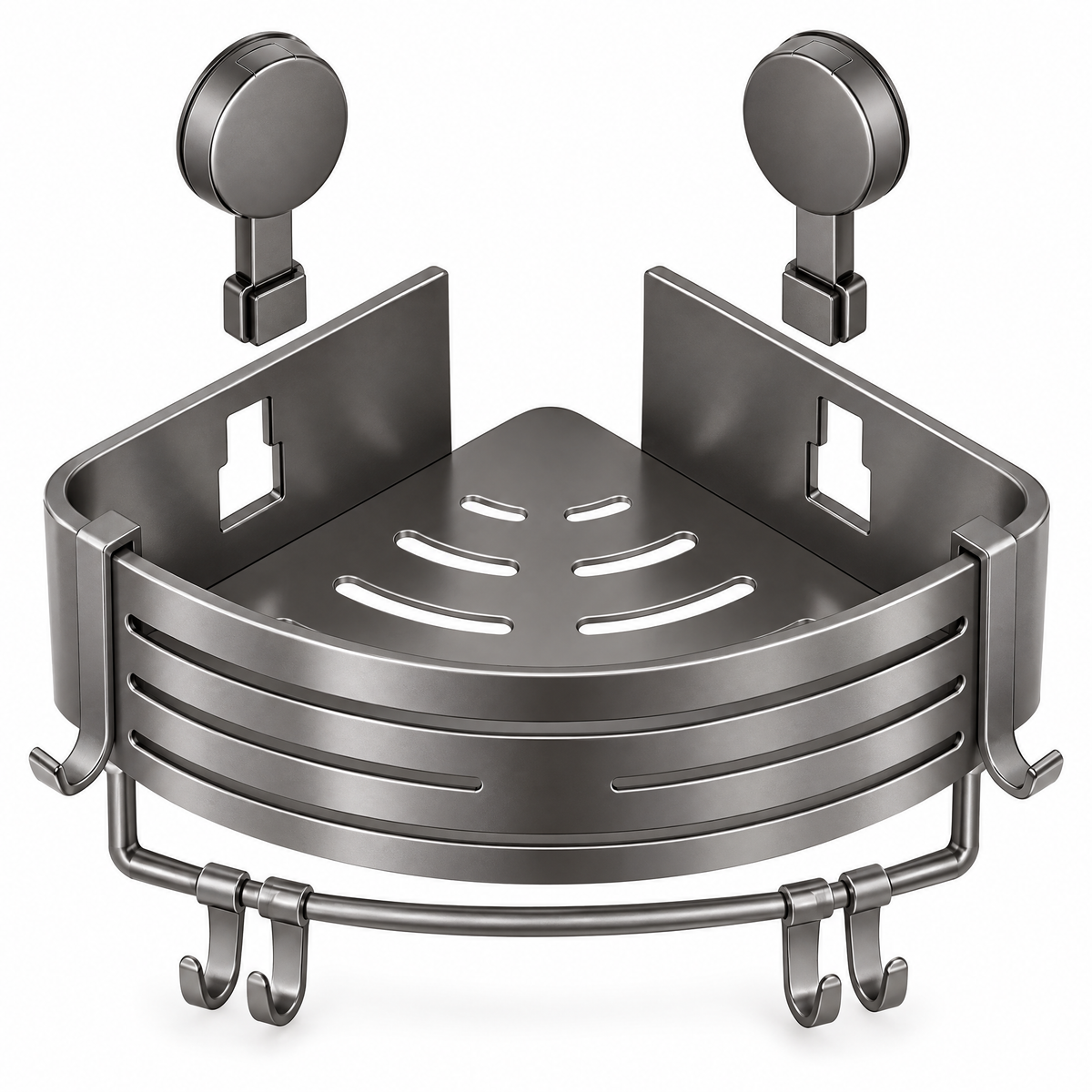 Grey corner shower caddy with towel bar and two suction cups on a white background