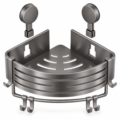 Grey corner shower caddy with towel bar and two suction cups on a white background