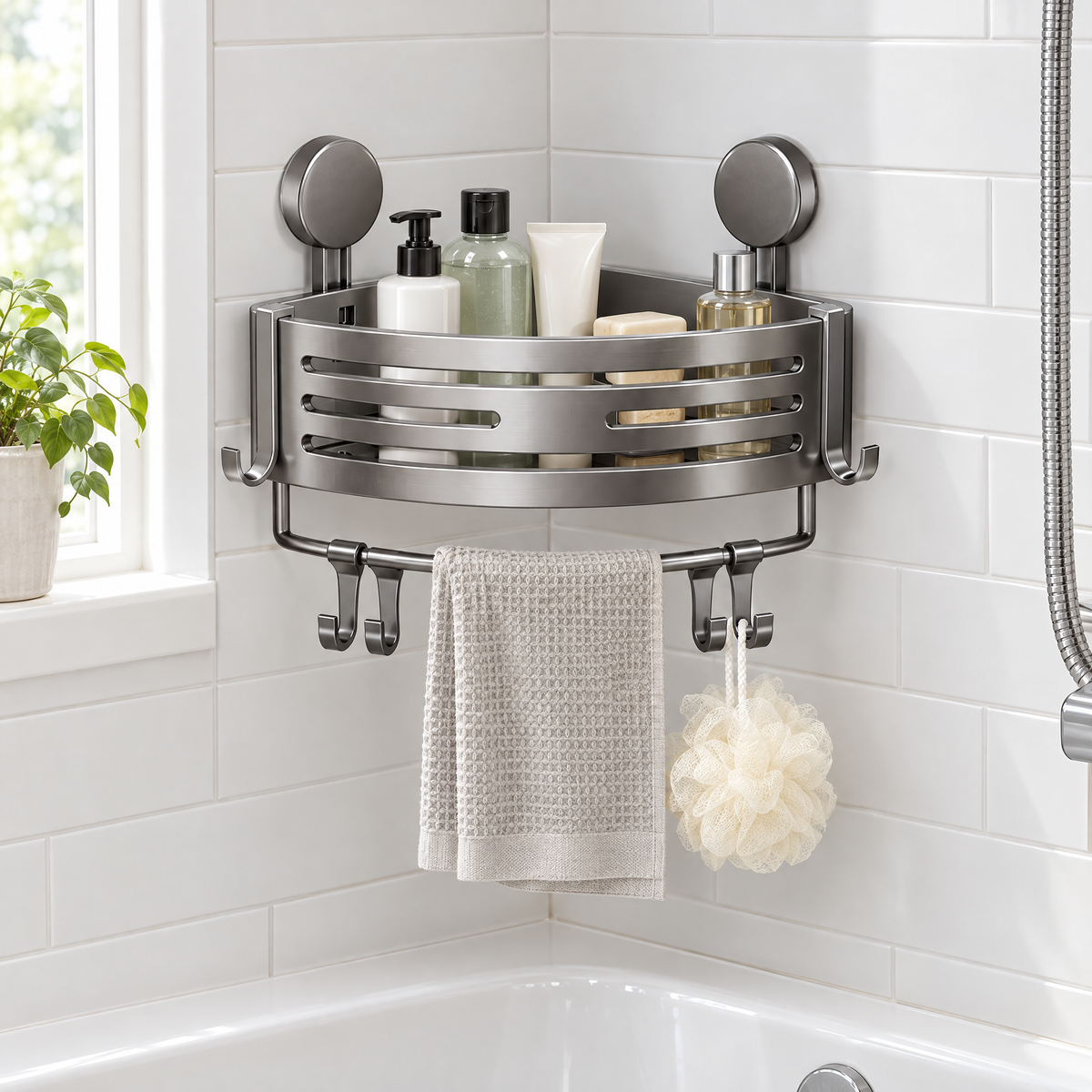 Grey corner shower caddy with towel bar above a bathtub with a washcloth and loofah hanging below