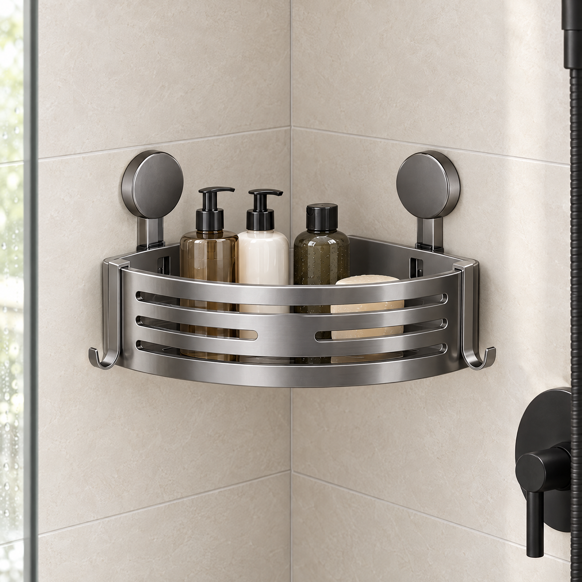 Grey corner shower caddy without towel bar mounted with two suction cups in a beige tiled shower corner