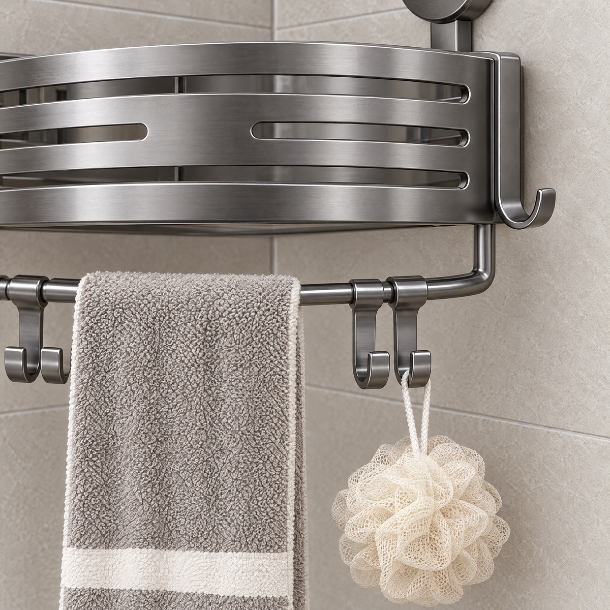 Close-up of the towel bar and hooks under the corner caddy with a hand towel and loofah