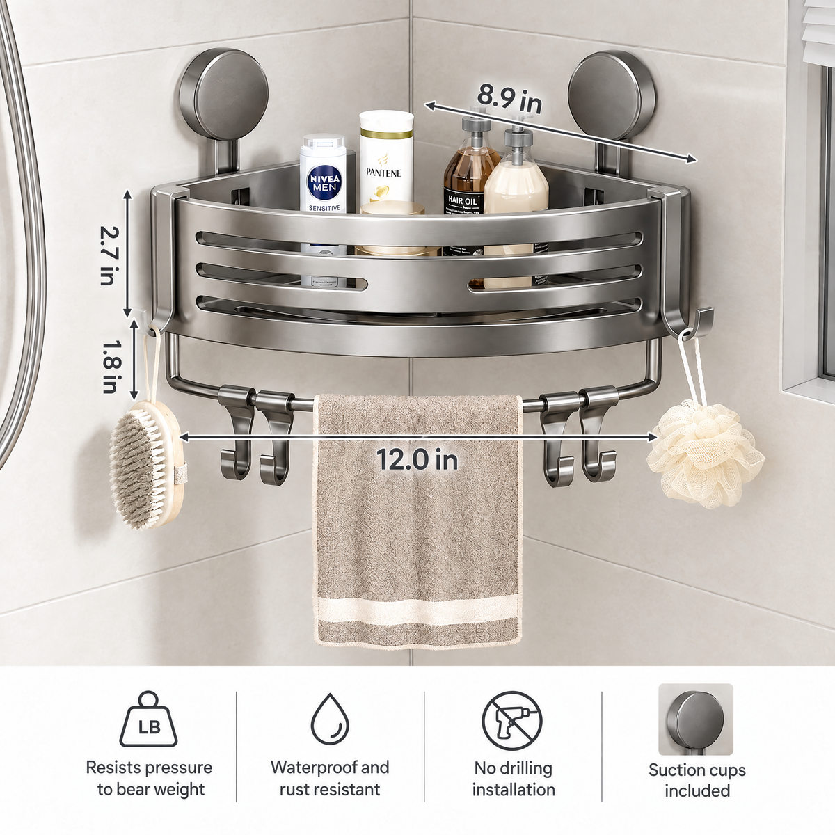 With Towel Bar size guide: 12.0 in wide, 8.9 in along the wall, 2.7 in basket, towel bar 1.8 in below