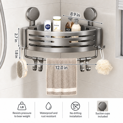 With Towel Bar size guide: 12.0 in wide, 8.9 in along the wall, 2.7 in basket, towel bar 1.8 in below