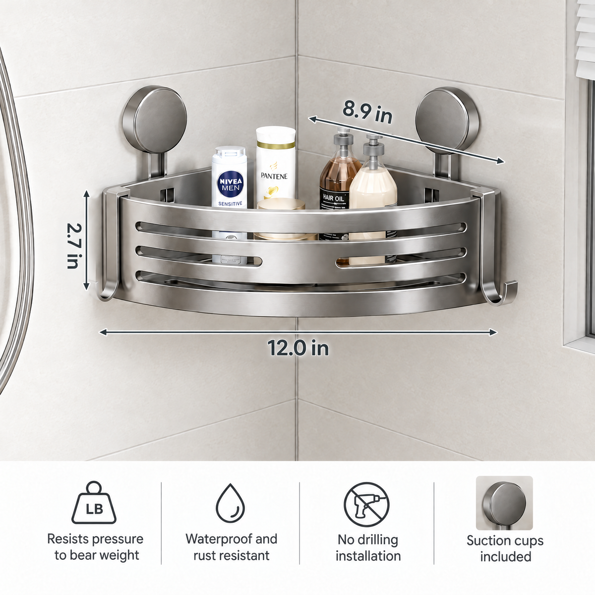 Without Towel Bar size guide: 12.0 in wide, 8.9 in along the wall, 2.7 in tall basket