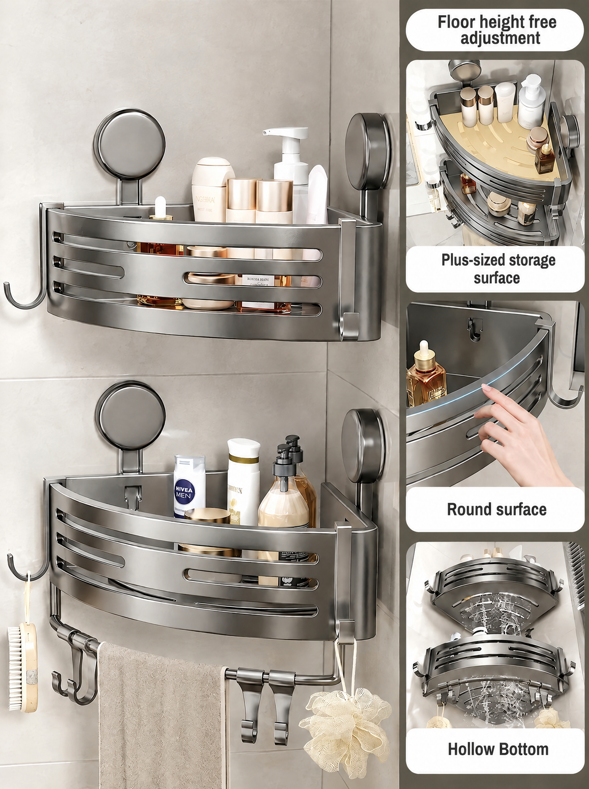 Corner shower caddy shown with and without towel bar, with details of the storage surface, rounded edge and hollow bottom