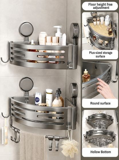 Corner shower caddy shown with and without towel bar, with details of the storage surface, rounded edge and hollow bottom