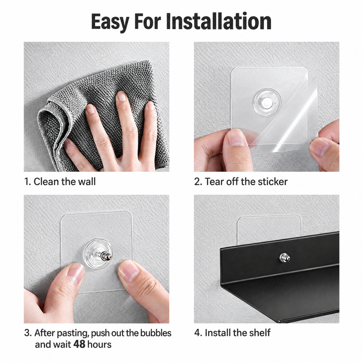 Floating shelf installation in four steps: clean the wall, peel the sticker, press out bubbles and wait 48 hours, hang the shelf