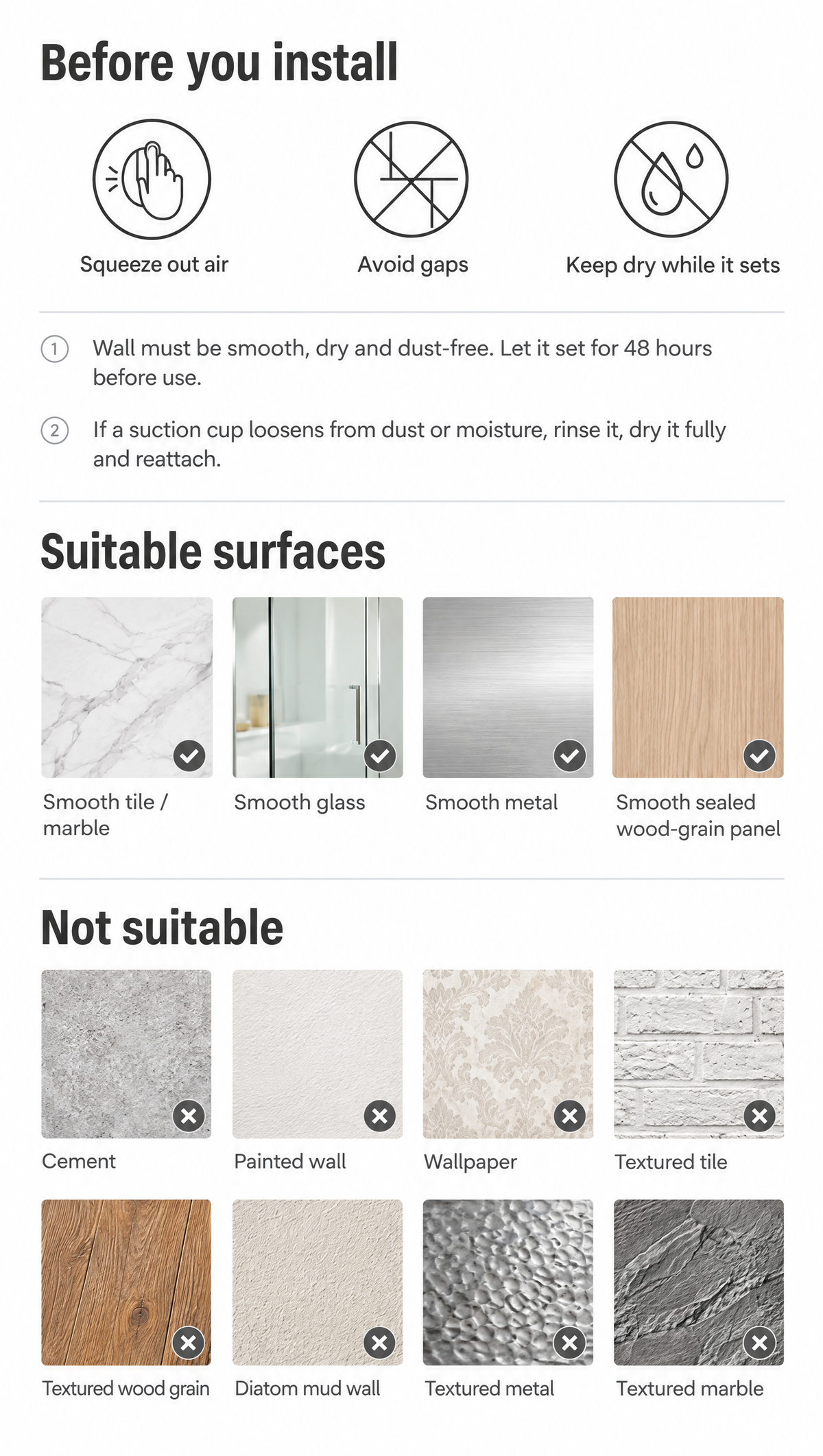 Suction cup installation tips with suitable and unsuitable wall surfaces