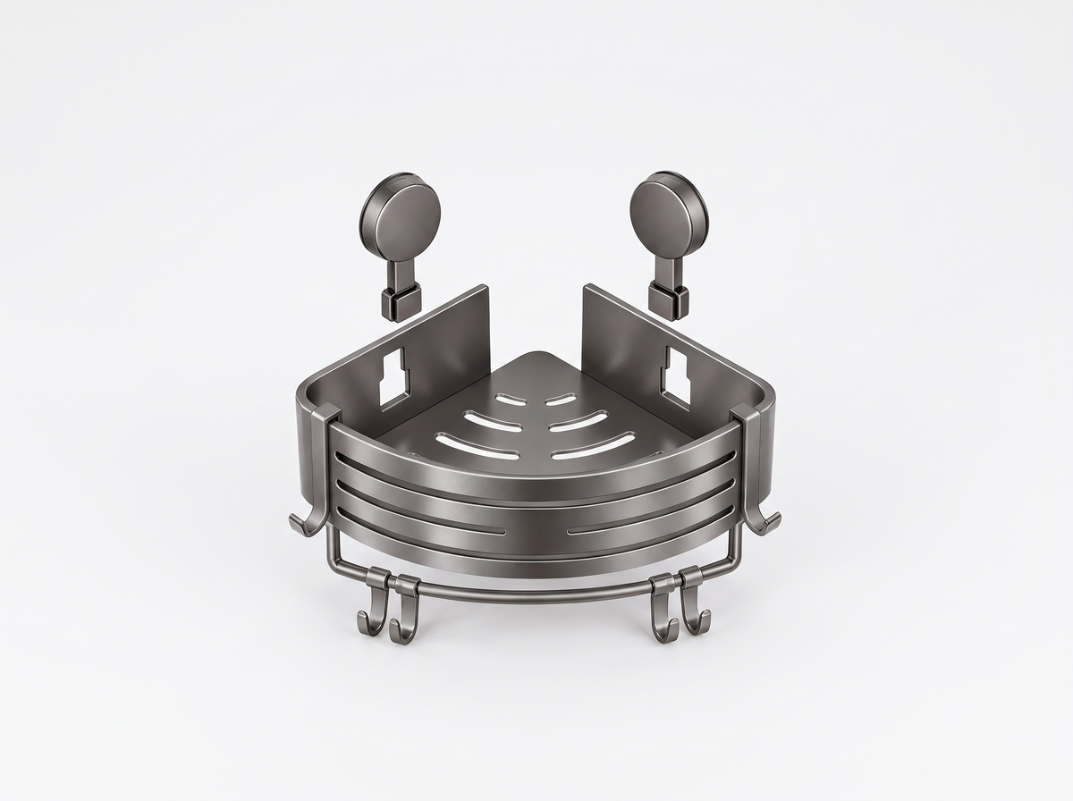 Corner shower caddy with towel bar and two suction cups
