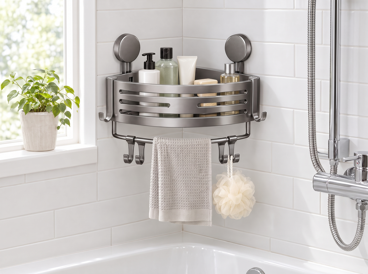 Corner shower caddy with towel bar in a tiled corner above a bathtub