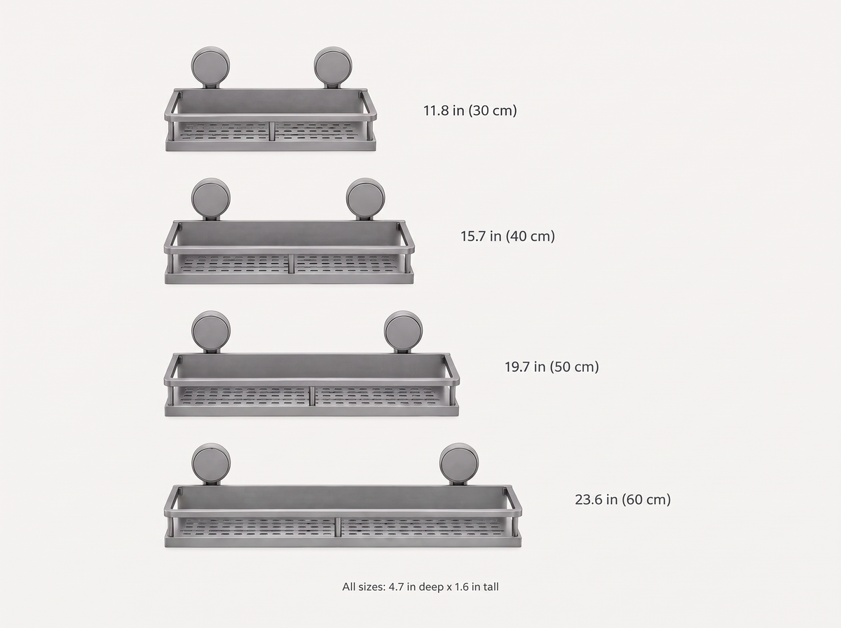 Suction cup shelf in 11.8, 15.7, 19.7 and 23.6 inch widths