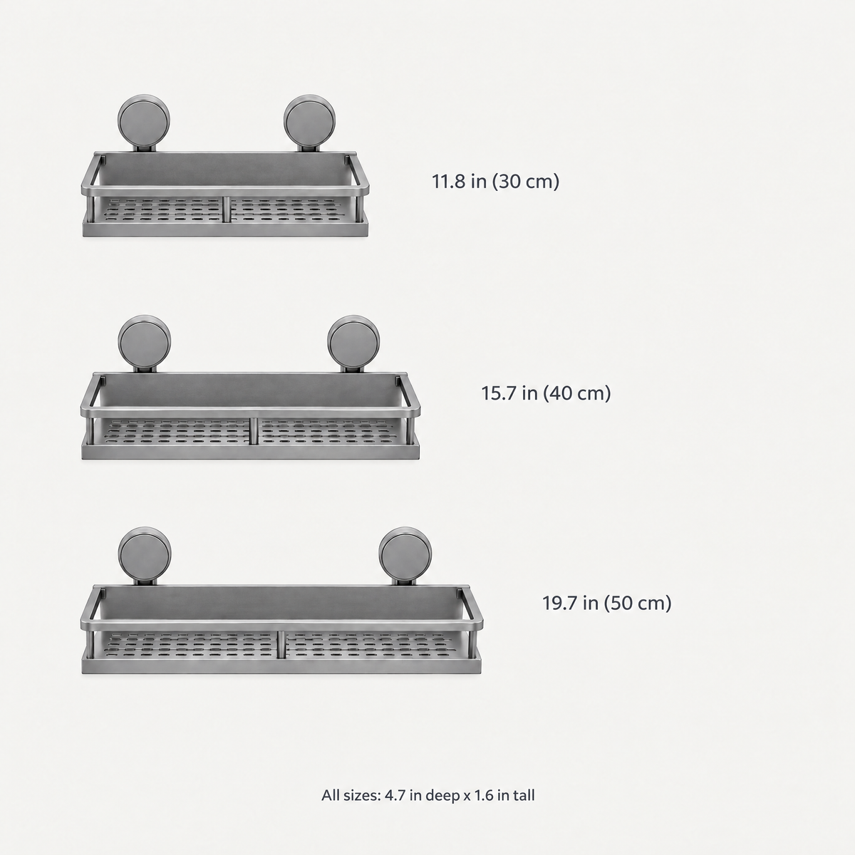 Size comparison of the gray suction cup bathroom shelf in 11.8, 15.7 and 19.7 inch widths