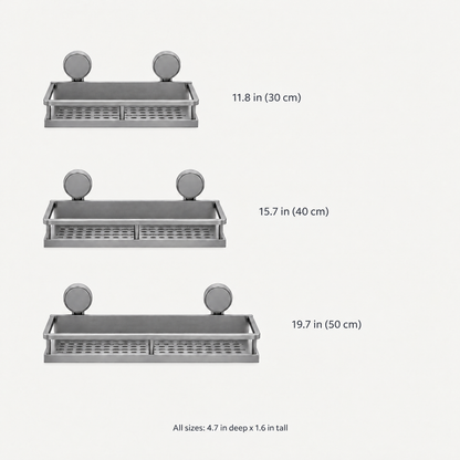 Size comparison of the gray suction cup bathroom shelf in 11.8, 15.7 and 19.7 inch widths