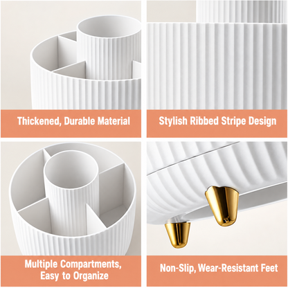 Close-ups of the white makeup organizer: thick ribbed walls, stripe design, five compartments and gold-tone feet