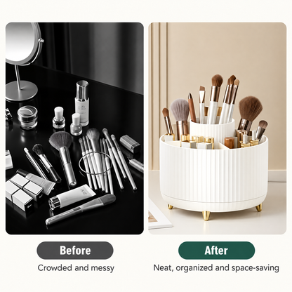 Before and after: messy makeup scattered on a vanity next to the same items organized in the white rotating makeup organizer