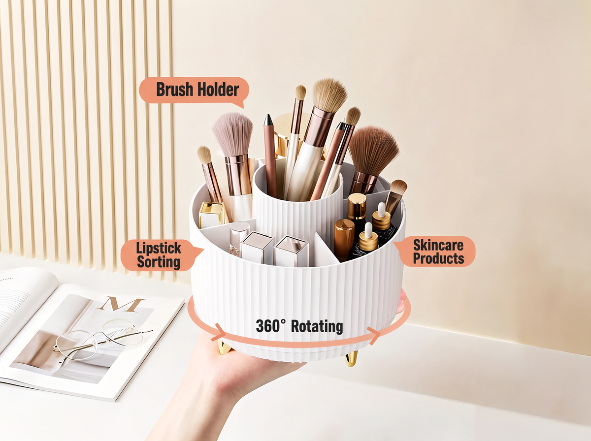 White rotating makeup organizer with brushes in the center cup, lipsticks and skincare in the side compartments, turning 360 degrees