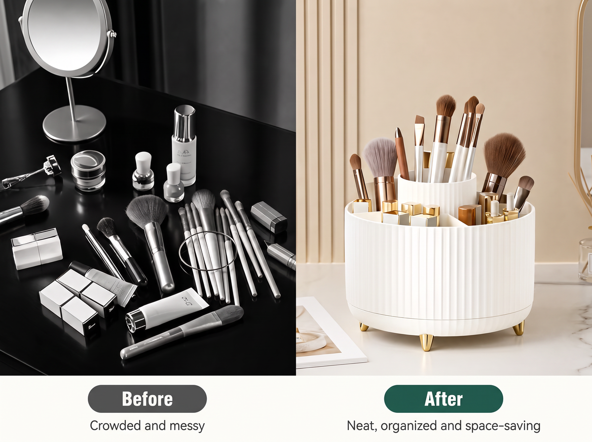 Before and after: messy makeup on a vanity next to the same items organized in the white rotating makeup organizer