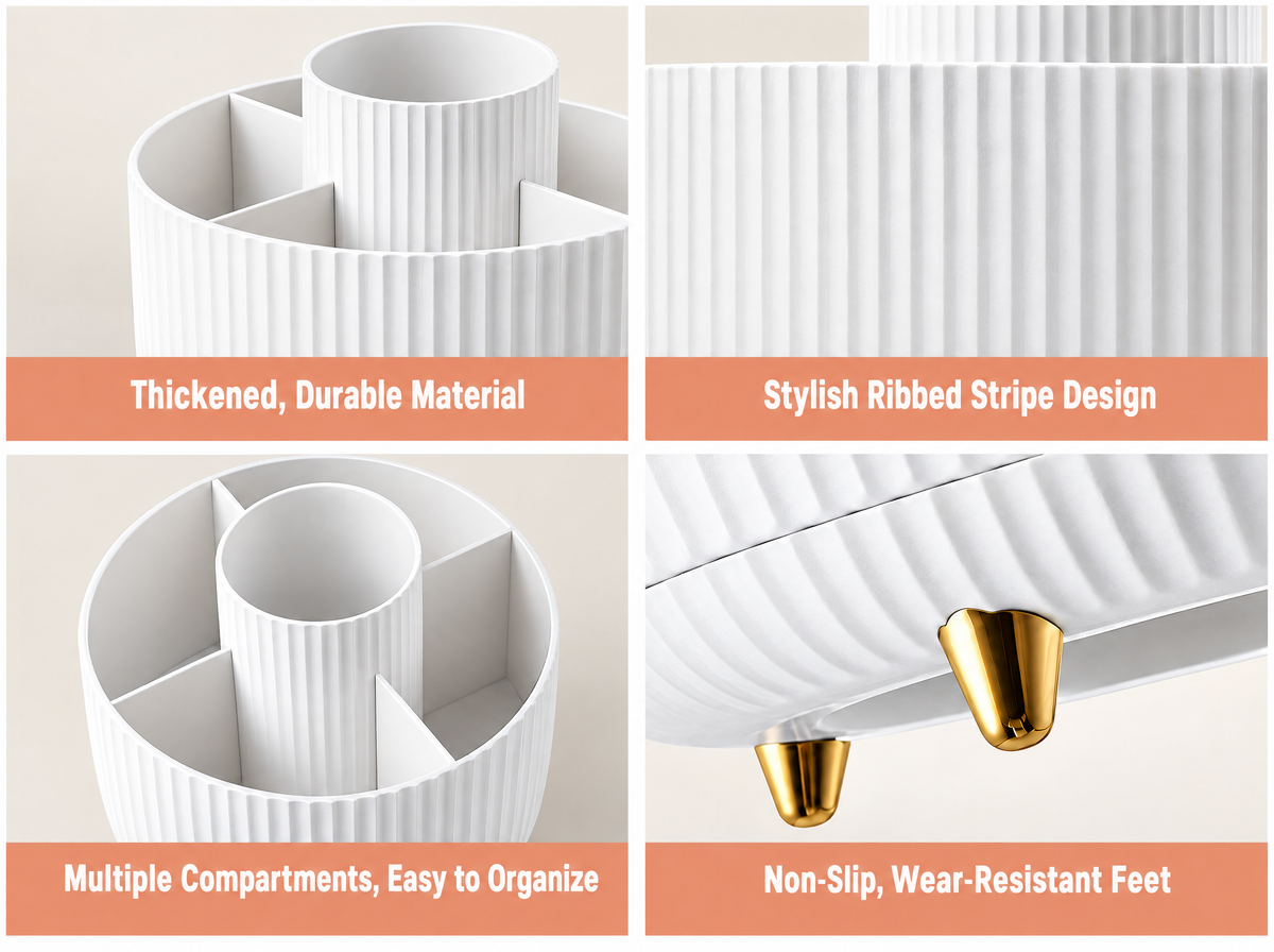 Close-ups of the white makeup organizer: thick ribbed walls, stripe design, five compartments and gold-tone feet