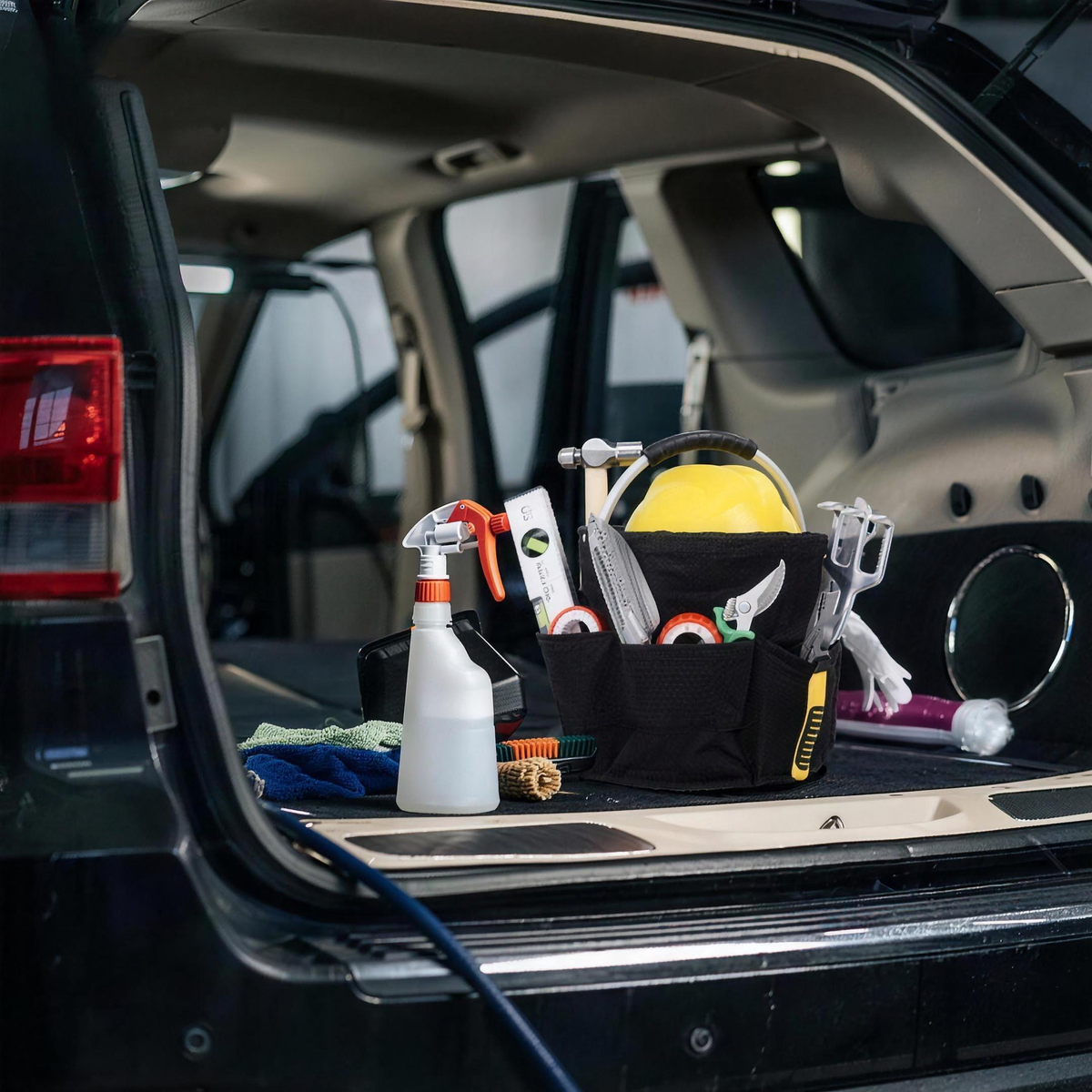 Black foldable cleaning caddy in an open car trunk holding a spray bottle, tape and tools, with cloths beside it