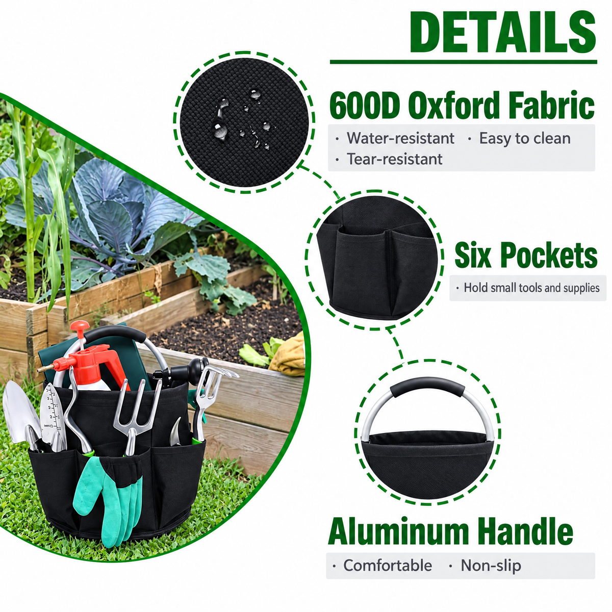 Cleaning caddy details: 600D Oxford fabric, six outer pockets and an aluminum carry handle