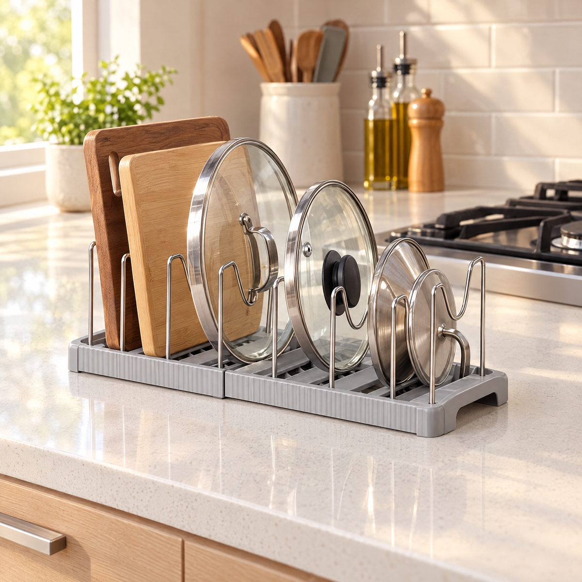 Pot lid organizer rack on a kitchen counter holding pot lids and cutting boards