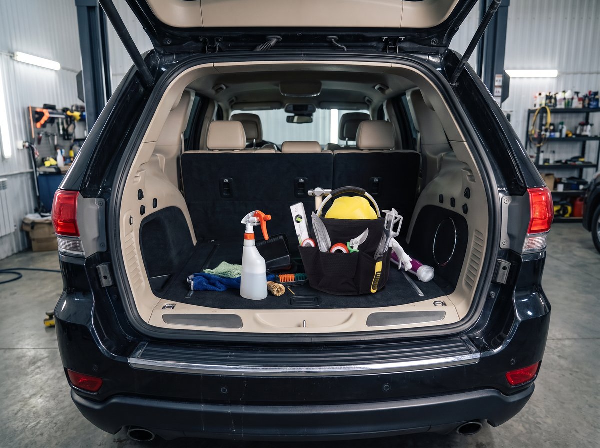 Black foldable cleaning caddy in an open car trunk holding a spray bottle and tools