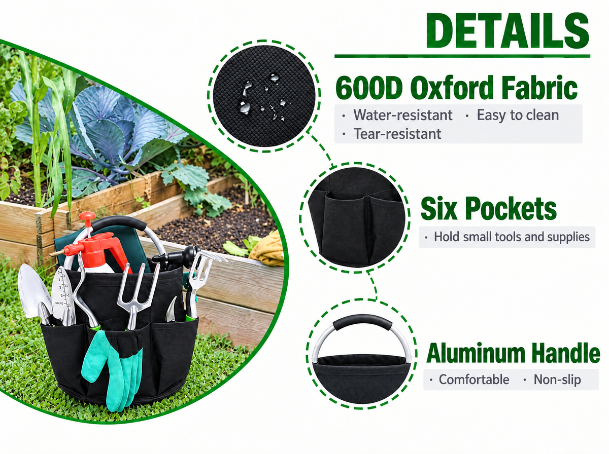 Cleaning caddy details: 600D Oxford fabric, six outer pockets and an aluminum carry handle