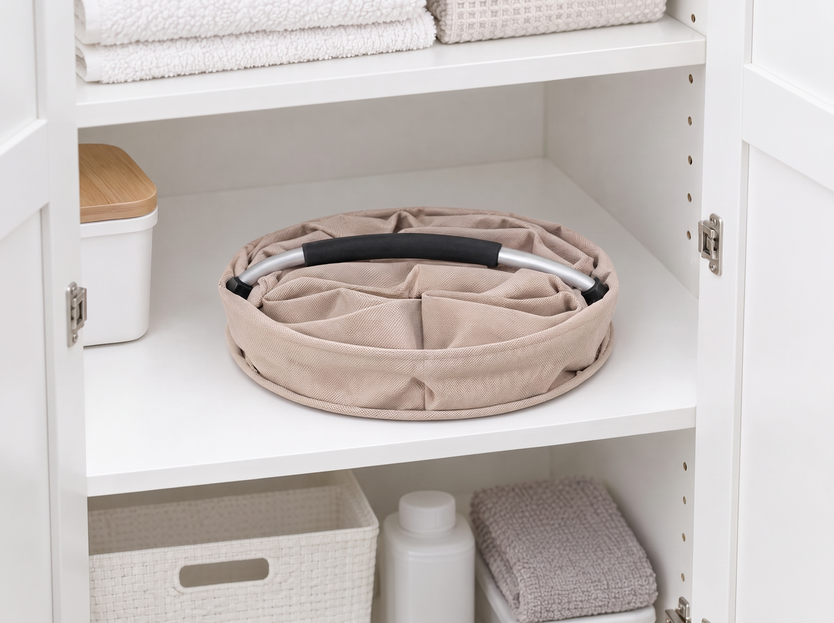 Beige cleaning caddy folded flat with its handle down, stored on a cupboard shelf