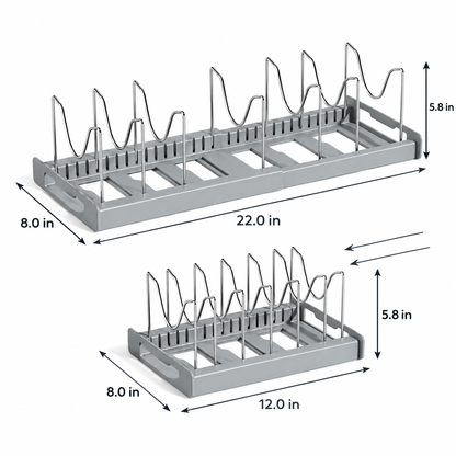 Pot and pan organizer dimensions: expands from 12.0 to 22.0 in long, 8.0 in wide, 5.8 in tall