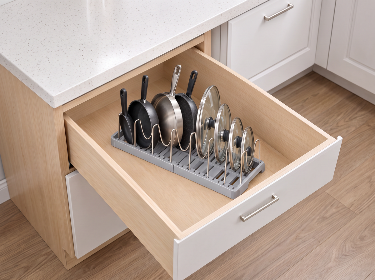 Expandable pan organizer rack inside a deep kitchen drawer with pans and lids