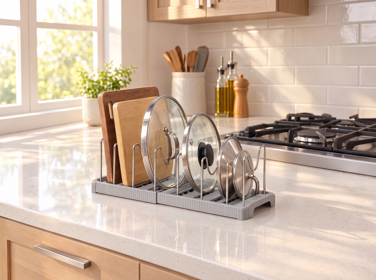 Pot lid organizer rack on a kitchen counter holding pot lids and cutting boards
