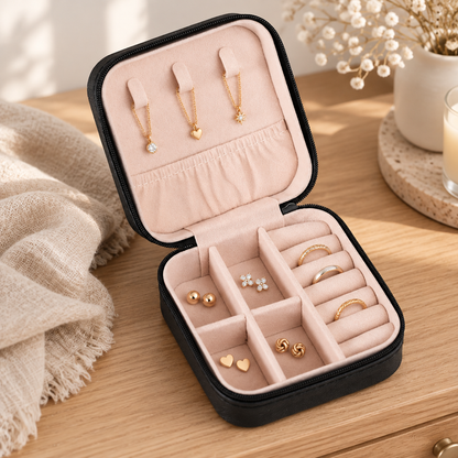 Small black travel jewelry case open on a dresser with rings and earrings