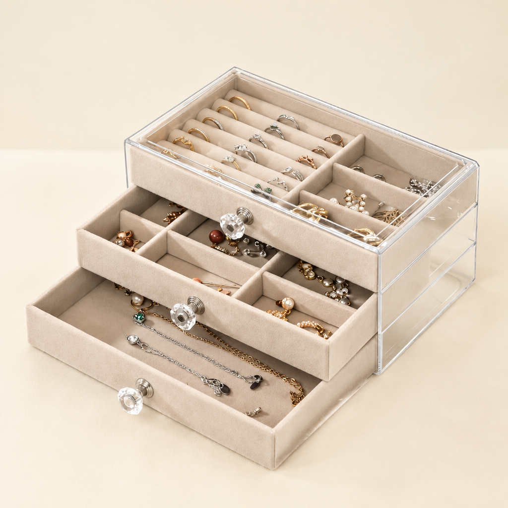 All three velvet-lined drawers open showing rings, earrings, bracelets and necklaces