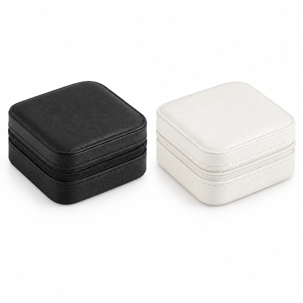 Black and white small zippered travel jewelry cases, closed