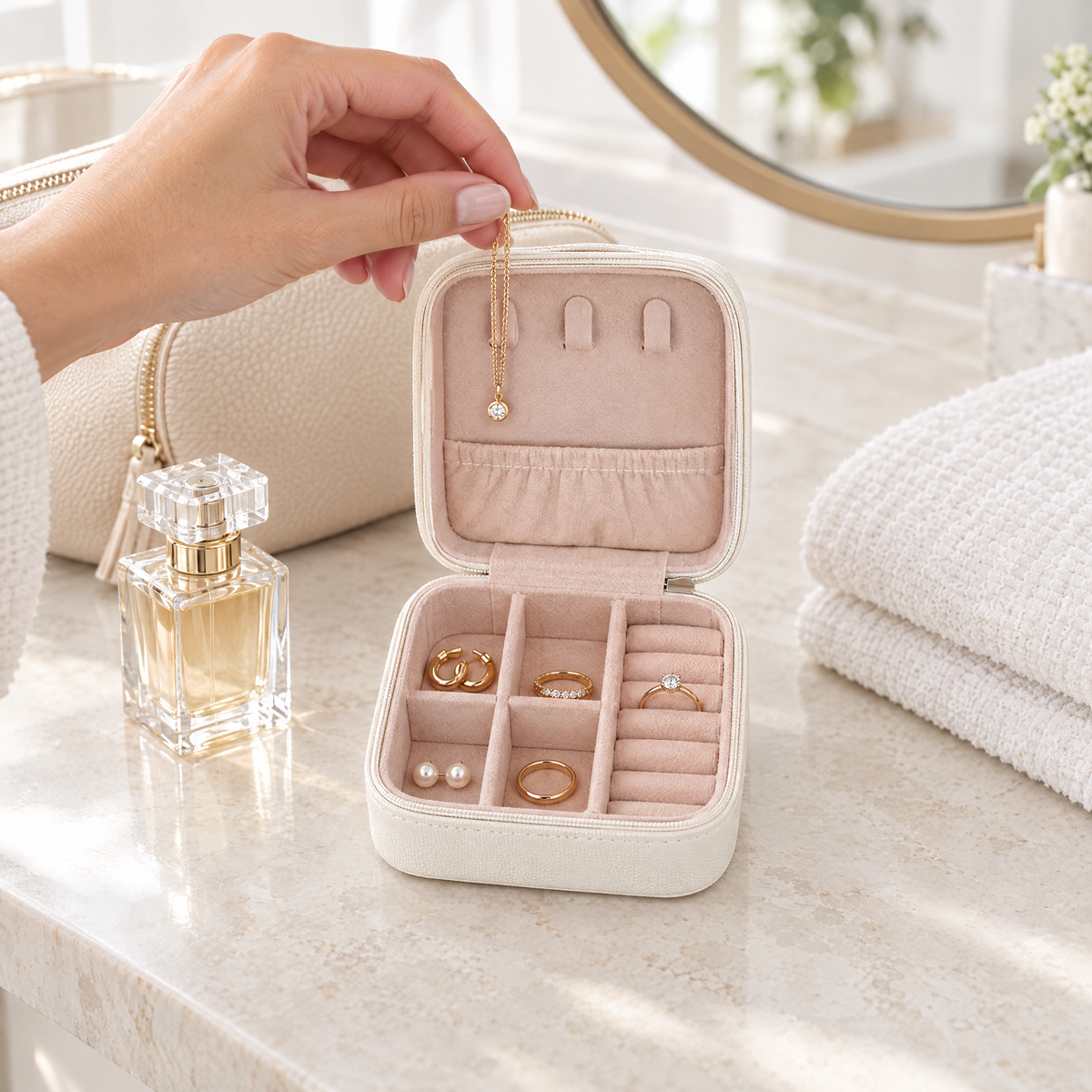 Small white travel jewelry case on a bathroom vanity with a necklace lifted from the lid hook