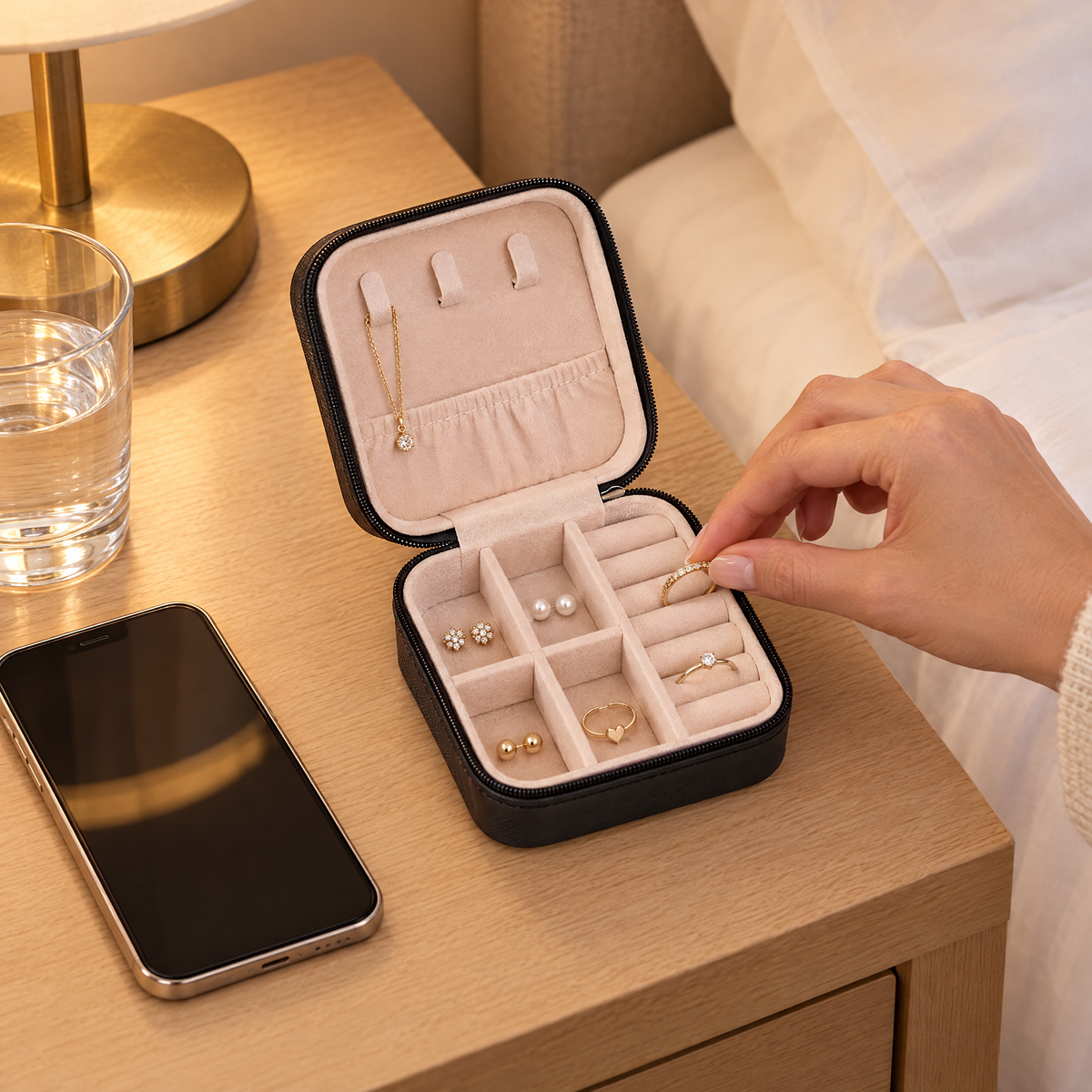 Small black travel jewelry case open on a hotel nightstand next to a phone as a ring is placed inside