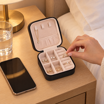 Small black travel jewelry case open on a hotel nightstand next to a phone as a ring is placed inside