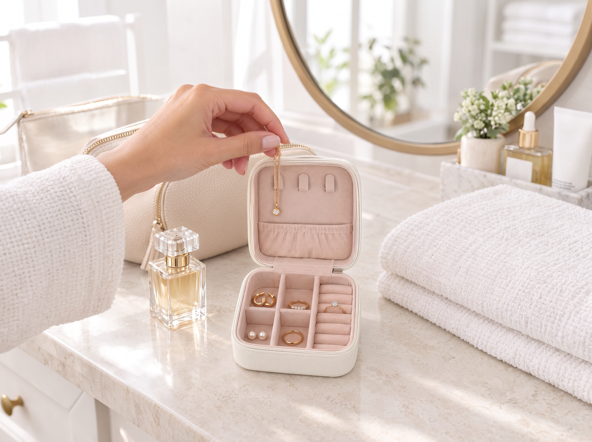 Small white travel jewelry case on a bathroom vanity with a necklace lifted from the lid hook