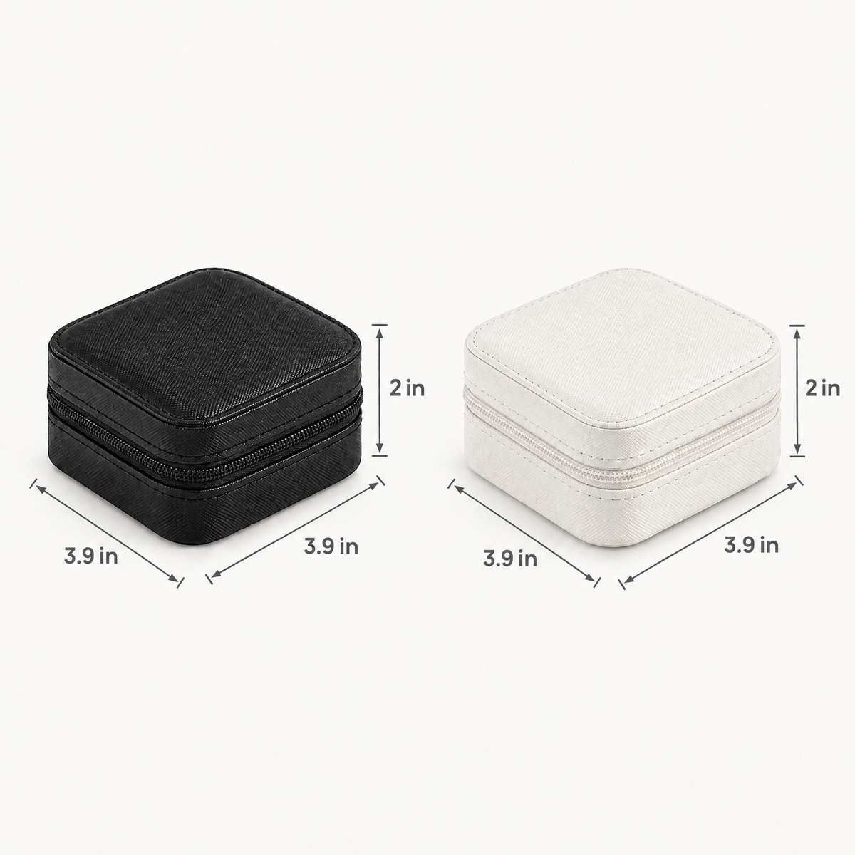 Black and white travel jewelry cases with dimensions 3.9 x 3.9 x 2 in