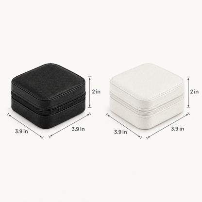 Black and white travel jewelry cases with dimensions 3.9 x 3.9 x 2 in