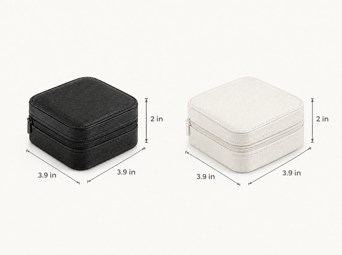 Black and white travel jewelry cases with dimensions 3.9 x 3.9 x 2 in